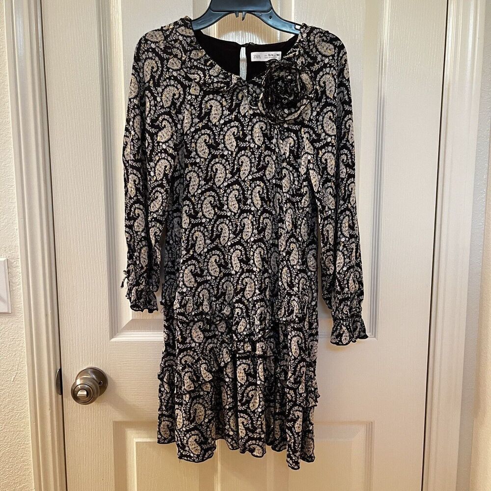 Zara Girls Paisley Floral Ruffle Tiered Dress Long Sleeve Black Size 13-14